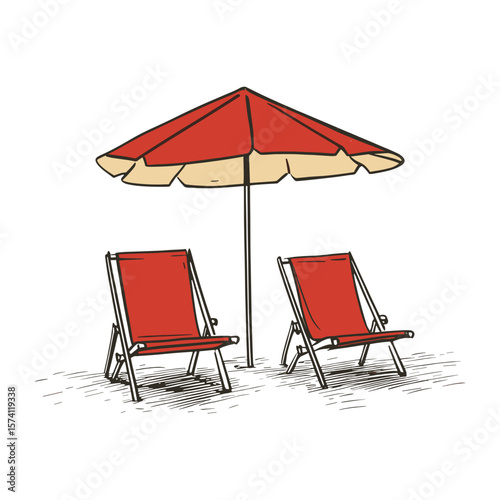 Two red beach chairs under an umbrella illustration architecture relaxation vector