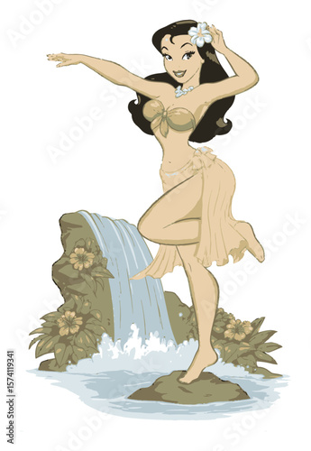 Elegant Hand-Drawn Illustration of a Tropical Hula Dancer with Waterfall