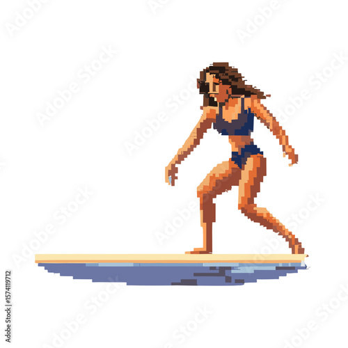 Woman on a surfboard surfing ocean pixel vector