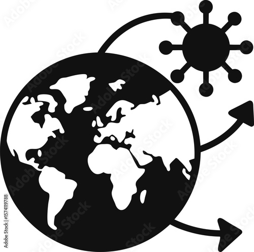 Global pandemic spread icon with virus symbols over the world