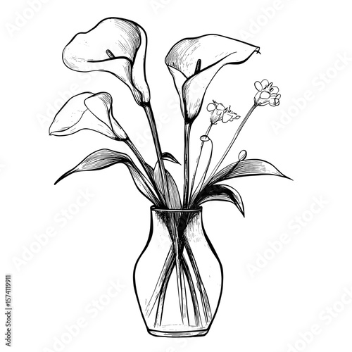 Calla lilies in a vase drawing flower sketch vector