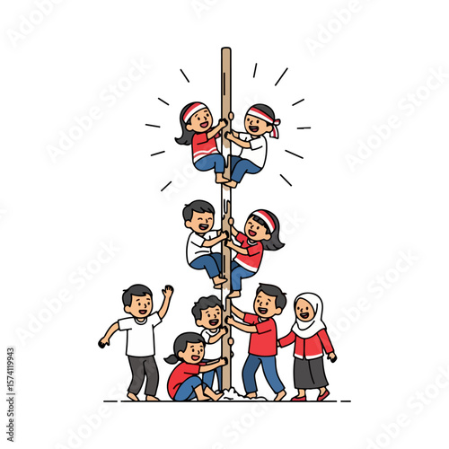 A festive pole climbing competition festival in the tradition of Indonesian independence. Vector flat design cartoon. AI generated images.