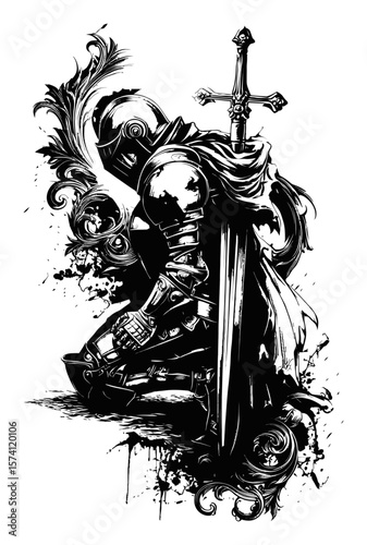 Hand Drawn Vector Illustration of a Knight in Armor with Ornate Design