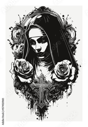 Hand-Drawn Artistic Illustration of a Religious Figure with Roses and Cross