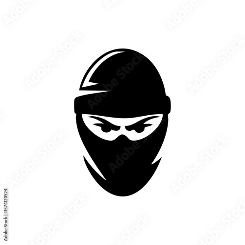 Minimalist black vector logo of a masked face with intense eyes, symbolizing theft, anonymity, or stealth.
