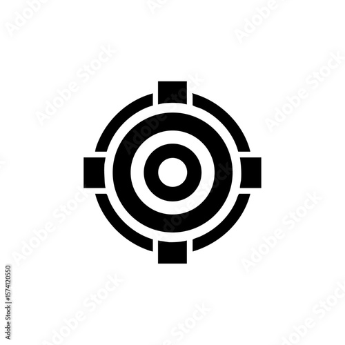 Minimal black vector icon of a circular vault door with radial segments, symbolizing security, protection, or decentralized finance.
