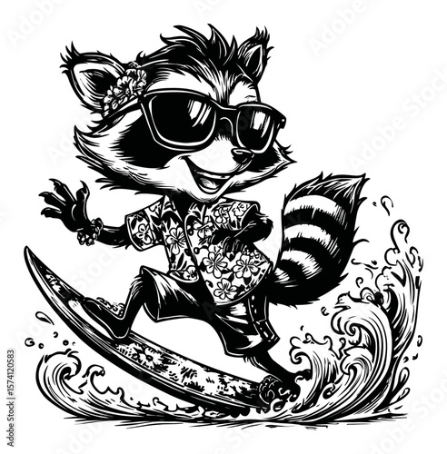 Cartoon Raccoon in Sunglasses Surfing on a Wave with Tropical Vibes