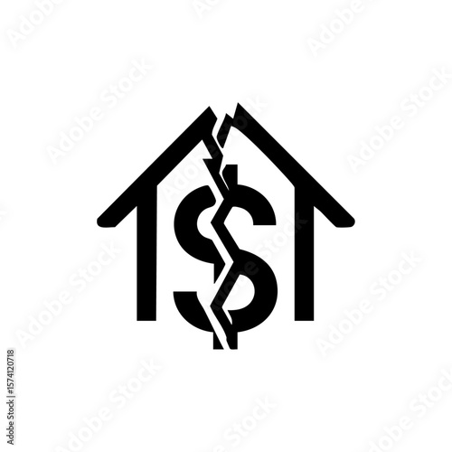 Black icon of a cracked house with a dollar symbol split in the center, representing financial crisis, housing market collapse, or foreclosure.