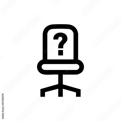 Black vector icon of an office chair with a question mark, representing vacant job position, job search, or hiring opportunity.
