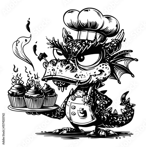 Cartoon Dragon Chef with Cupcakes on a Tray in Black and White Illustration