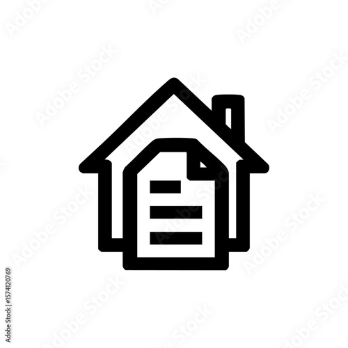 Minimalist black vector icon of a house containing a legal document, symbolizing property deed, home ownership, or mortgage agreement.
