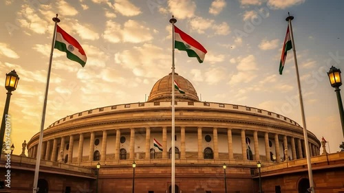 India independence day neoclassical building with flags at sunset national symbol of pride and heritage architectural landmark with warm golden hour lighting