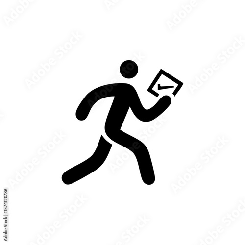 Minimal black vector icon of a person running with an envelope, representing urgent job applications, job search rush, or fast document delivery.

