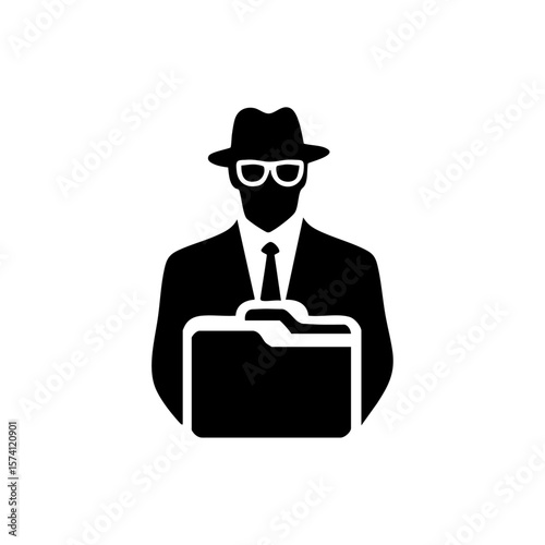 Vector icon of a secret agent holding a folder, symbolizing financial fraud, secrecy, or hidden investigations.
