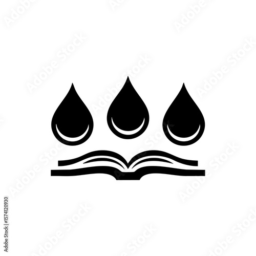 Vector logo of three baptismal water drops over an open Bible, symbolizing Christian baptism and spiritual cleansing.
