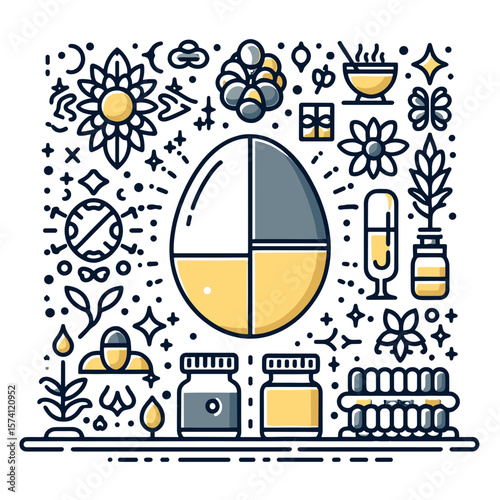 Decorative botanical illustration featuring health and wellness concepts  