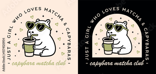 Capybara drinking matcha just a girl who loves capybaras tea latte lover club funny quotes shirt design. Cute Japanese pet animal retro girly green kawaii aesthetic text illustration printable poster.