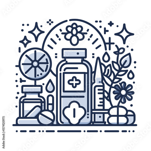 Medical bottles and syringes with flowers in outline style  
