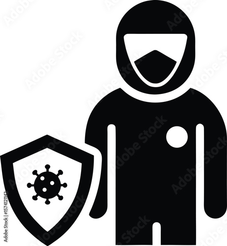 Hazmat suit icon with a shielded figure and virus particles