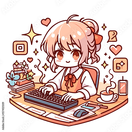Cute girl working on computer at desk with coffee and books  