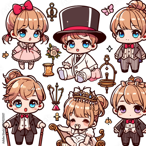 Colorful cartoon children in various outfits with accessories  