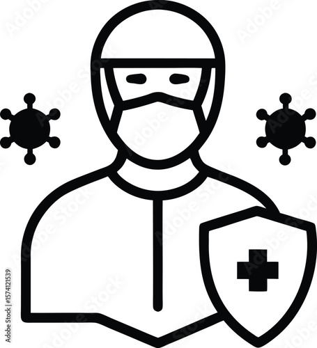 Healthcare worker icon wearing PPE with virus particles around