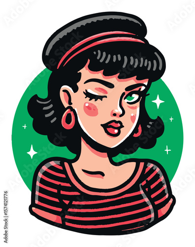 Stylish Cartoon Woman with Curly Hair and Winking Expression