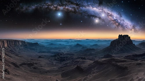 Serene alien planet landscape with majestic mountains. Vast night sky offers cosmic space view of distant galaxy and star