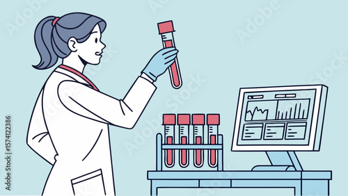 A female scientist, wearing gloves, analyzes a blood sample in a laboratory setting with data displayed on a monitor.