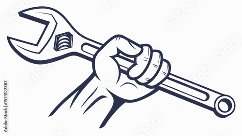 An illustrated hand gripping an adjustable wrench, symbolizing strength and craftsmanship.