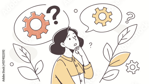 A thoughtful woman pondering ideas, surrounded by gears and leaves, symbolizing problem-solving and creativity.