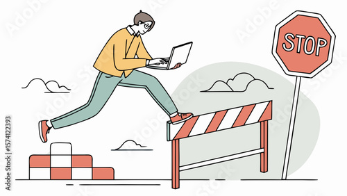 A young adult female leaps over a barrier while working on a laptop, symbolizing overcoming obstacles in a modern work environment.