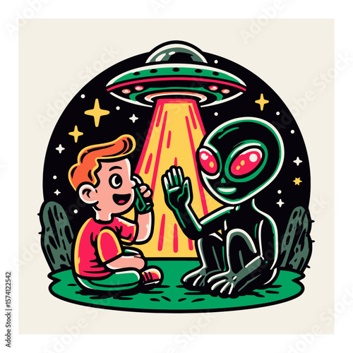 Alien Encounter: Boy Meets Cartoon Extraterrestrial in Cosmic Adventure