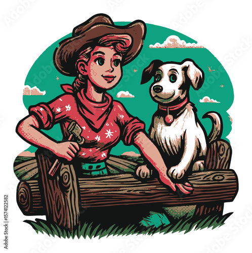 Cartoon Woman with Hammer and Dog Sitting on Fence in Vintage Style