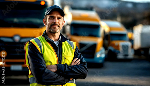 A man wearing a reflective vest and cap stands with his arms crossed in a parking lot in front of rows of yellow trucks, symbolizing fleet management.