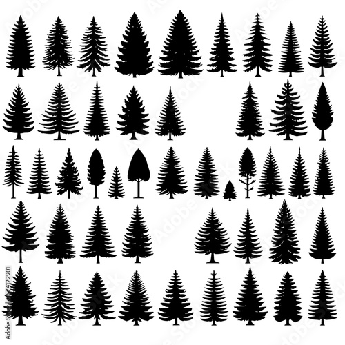 Minimalist pine tree icons set on white background
