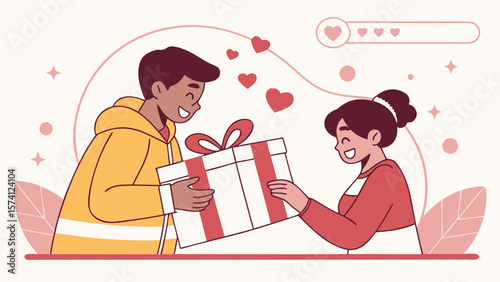 A cheerful young Black man gifts a present to an excited young Asian woman, surrounded by hearts and leaves.