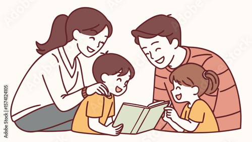 A joyful family of four, two children and their parents, enjoying storytime together, surrounded by warmth and laughter.