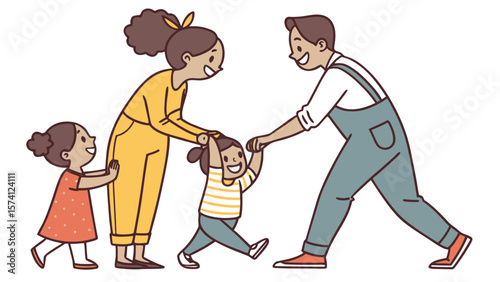 A joyful family moment featuring a mother and father playing with their two happy daughters.