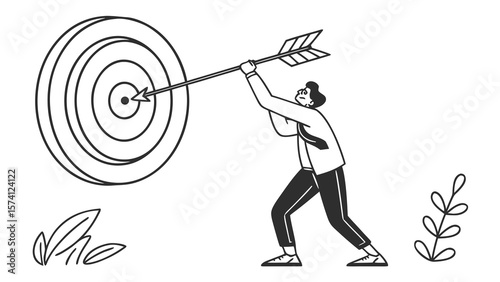 A determined man aiming an arrow at a target, symbolizing focus and goal achievement.