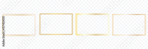 Square shiny frames with glowing effects. Set of three gold square frames with shadows on transparent background. Vector illustration . EPS 10 . 