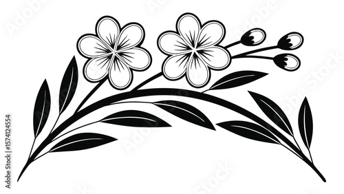 Elegant black and white floral branch with blooming flowers and buds