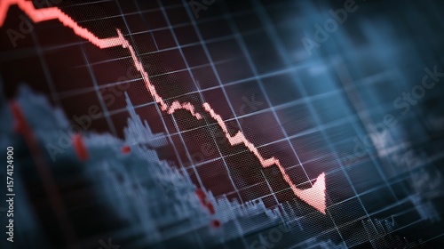Close-up of financial chart with downward trending line symbolizing Federal Reserve rate cuts, economic recession concept, stock market volatility and investment risk analysis.
