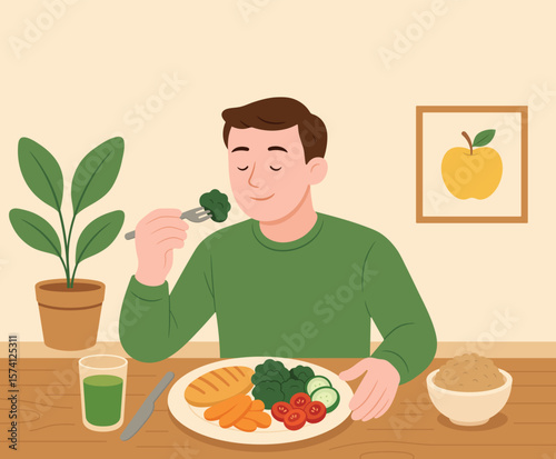 Healthy lifestyle concept illustration of a man enjoying a nutritious meal with vegetables, grilled chicken, and juice. Balanced diet and clean eating habits at home.