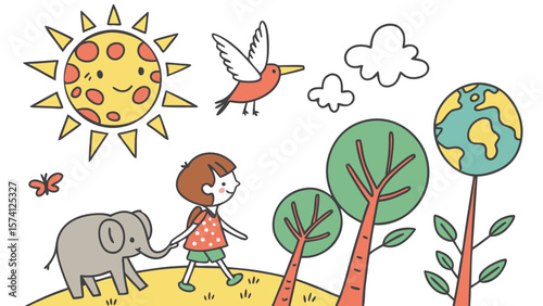 A cheerful young girl with brown hair walks with an elephant in a colorful landscape filled with trees and a bright sun.