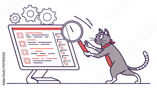A playful gray cat with a red collar examines a computer screen with a magnifying glass, symbolizing curiosity and exploration.