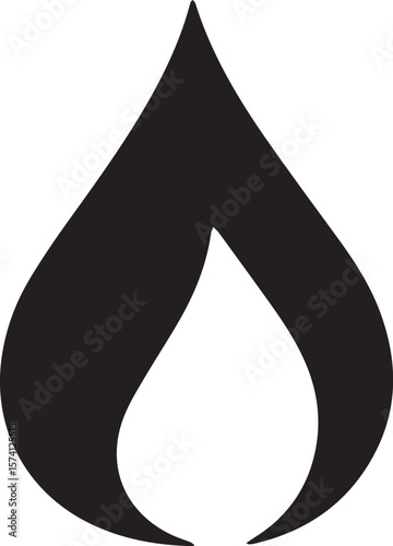 Simple black flame icon, ideal for representing fire, heat, danger, or warmth in various graphic design applications on a white or transparent background