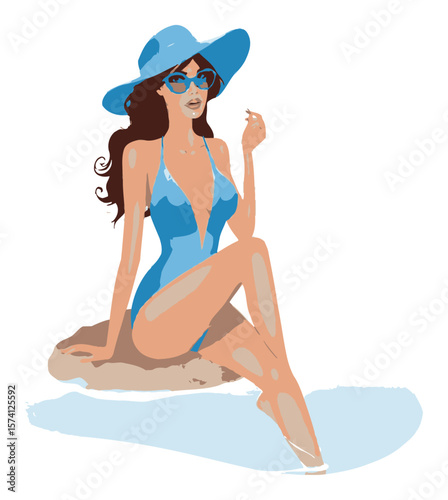 Stylish Cartoon Woman Relaxing at Beach in Swimwear With Hat