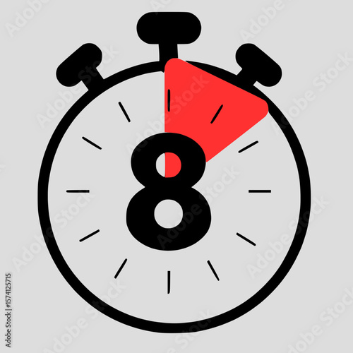 Eight minutes stopwatch icon, timer ,8 min waiting time vector illustration,symbol, cooking time, cosmetic or chemical application time, 