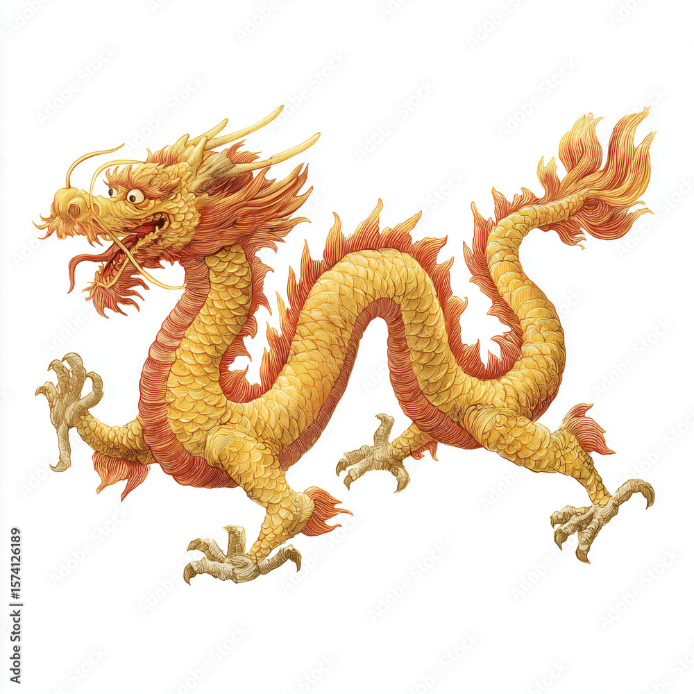 Fototapeta premium Majestic Golden Dragon Illustration , white background cut out PNG
